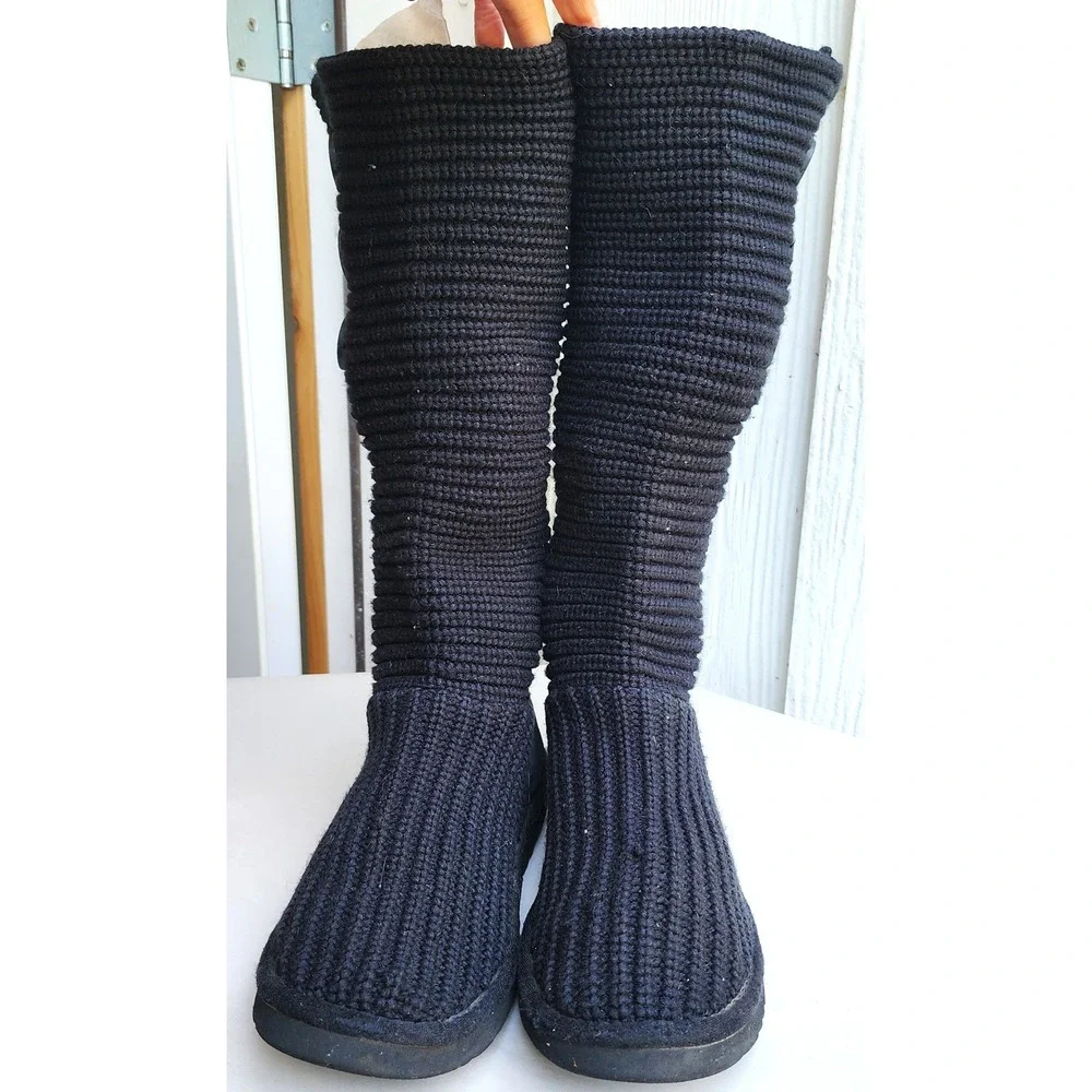 UGG Sz 7 Black Knit Cardy Tall Preppy Y2K Boots Button Fold Over Sheepskin Lined